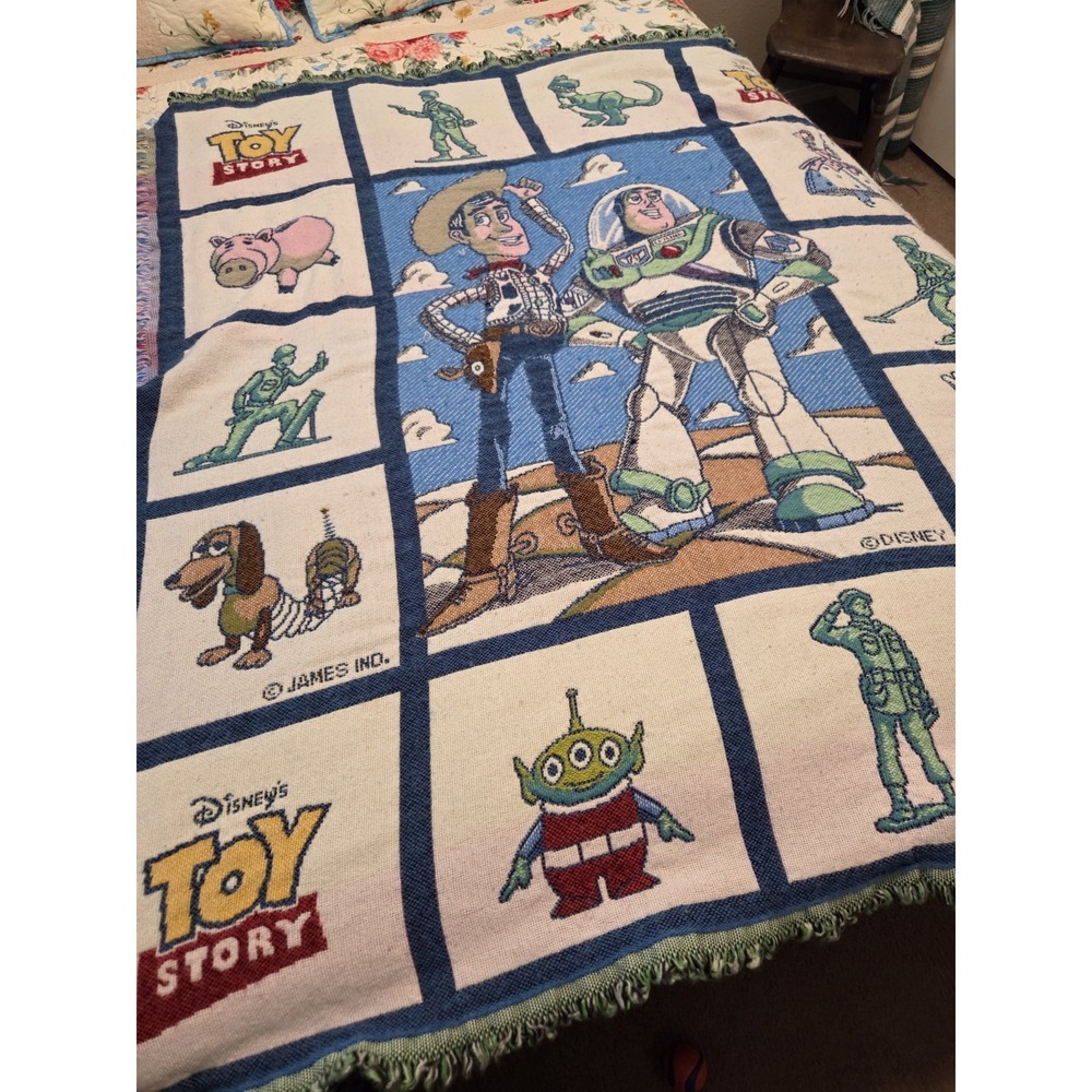 Vintage Toy Story Throw Blanket Woody Buzz SLinky Bo Peep Rex Mr Potato Head